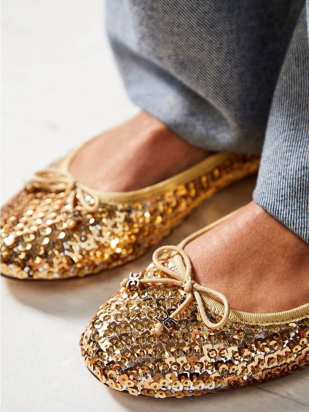 NWOT Sam Edelman Felicia Luxe Glitter Sequin Ballet Flats Bow Gold Metallic 9.5